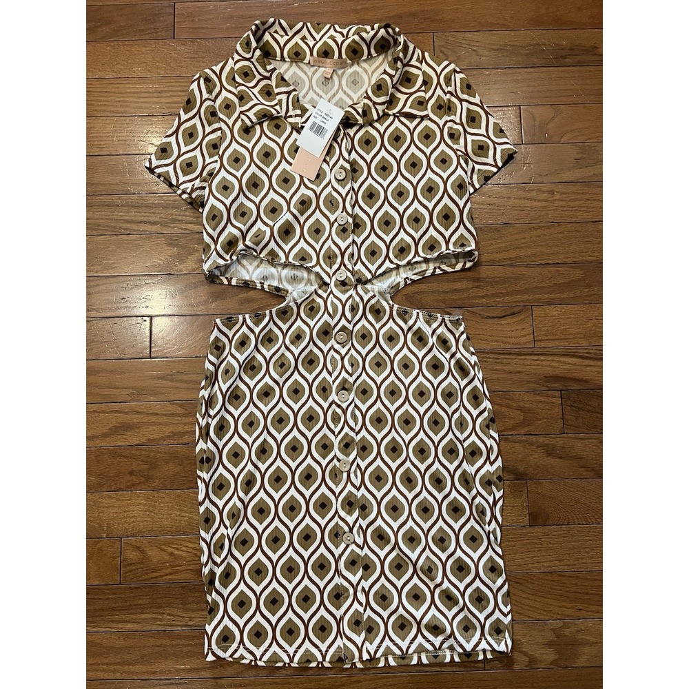 Evolutionary Retro Mod Cutout Midi Dress Brown Geometric NWT Women's Large